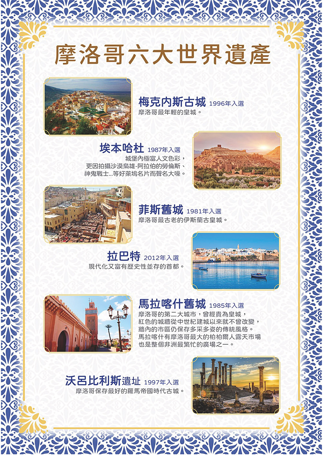 悠閒時光】北非摩洛哥・藍城、沙漠帳篷、撒哈拉探秘奇幻之旅１１日（六大世界遺產、摩洛哥四大皇城升等５晚五星飯店、１晚星空沙漠帳篷、沙漠土堡旅館）