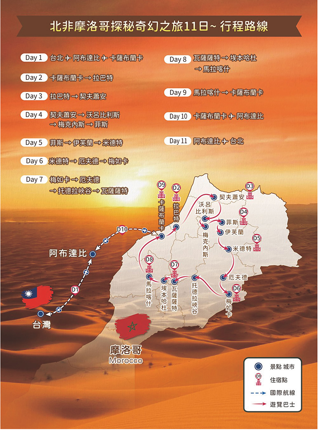 悠閒時光】北非摩洛哥・藍城、沙漠帳篷、撒哈拉探秘奇幻之旅１１日（六大世界遺產、摩洛哥四大皇城升等５晚五星飯店、１晚星空沙漠帳篷、沙漠土堡旅館）